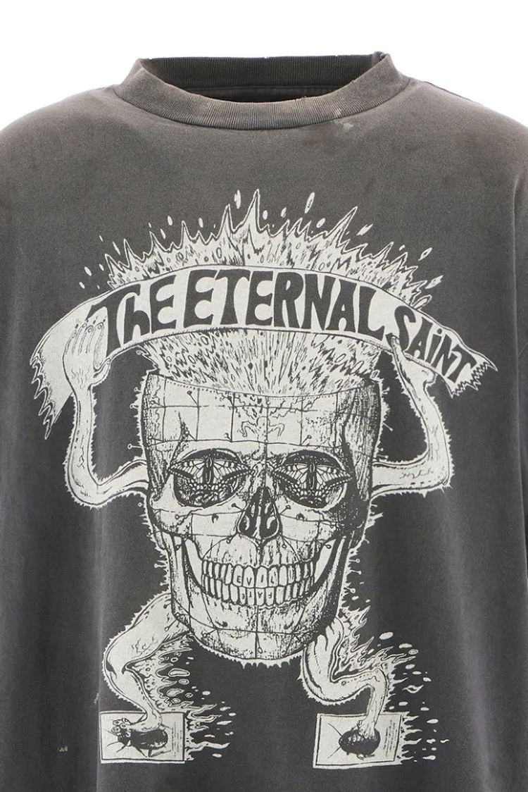 SAINT Mxxxxxx SS TEE/THE ETERNAL/BLK Latest Skeleton Beetle Distressed Sulfur Dyeing Retro Short Sleeves Washed Black S-XL Garment Dyeing Rewashed for Distressed Horse Replacement Faded Top Printing Technology Simulates Natural Distressed Style Really Correct Version Original Consistent Main Mark/Washed Mark/Angel Anti-Counterfeiting Mark